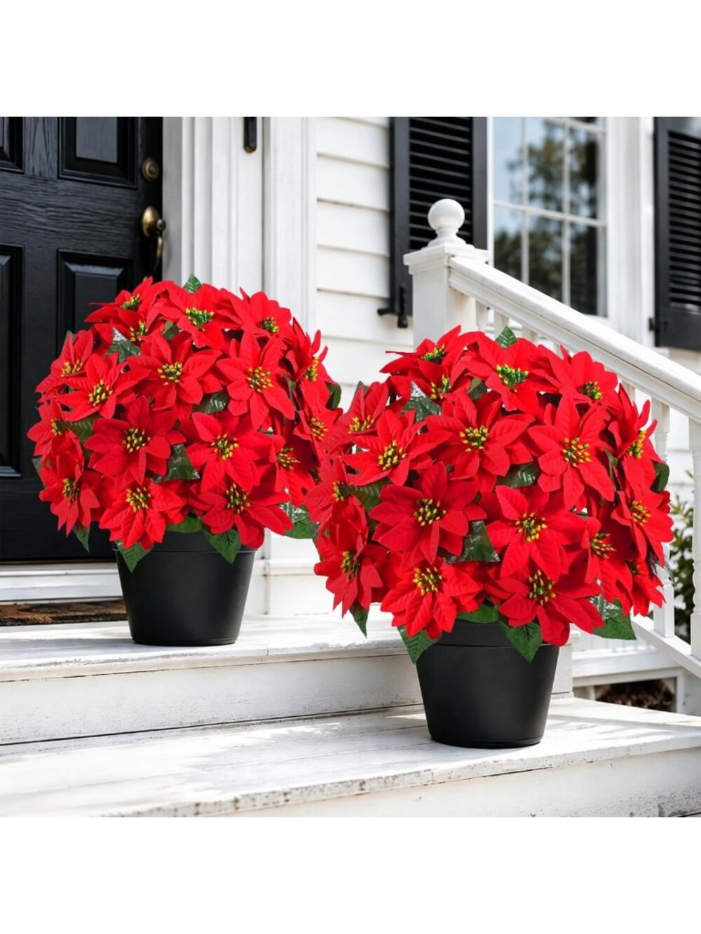 Set of 2 Christmas Outdoor Artificial Poinsettia Topiary Trees for Holiday Decor